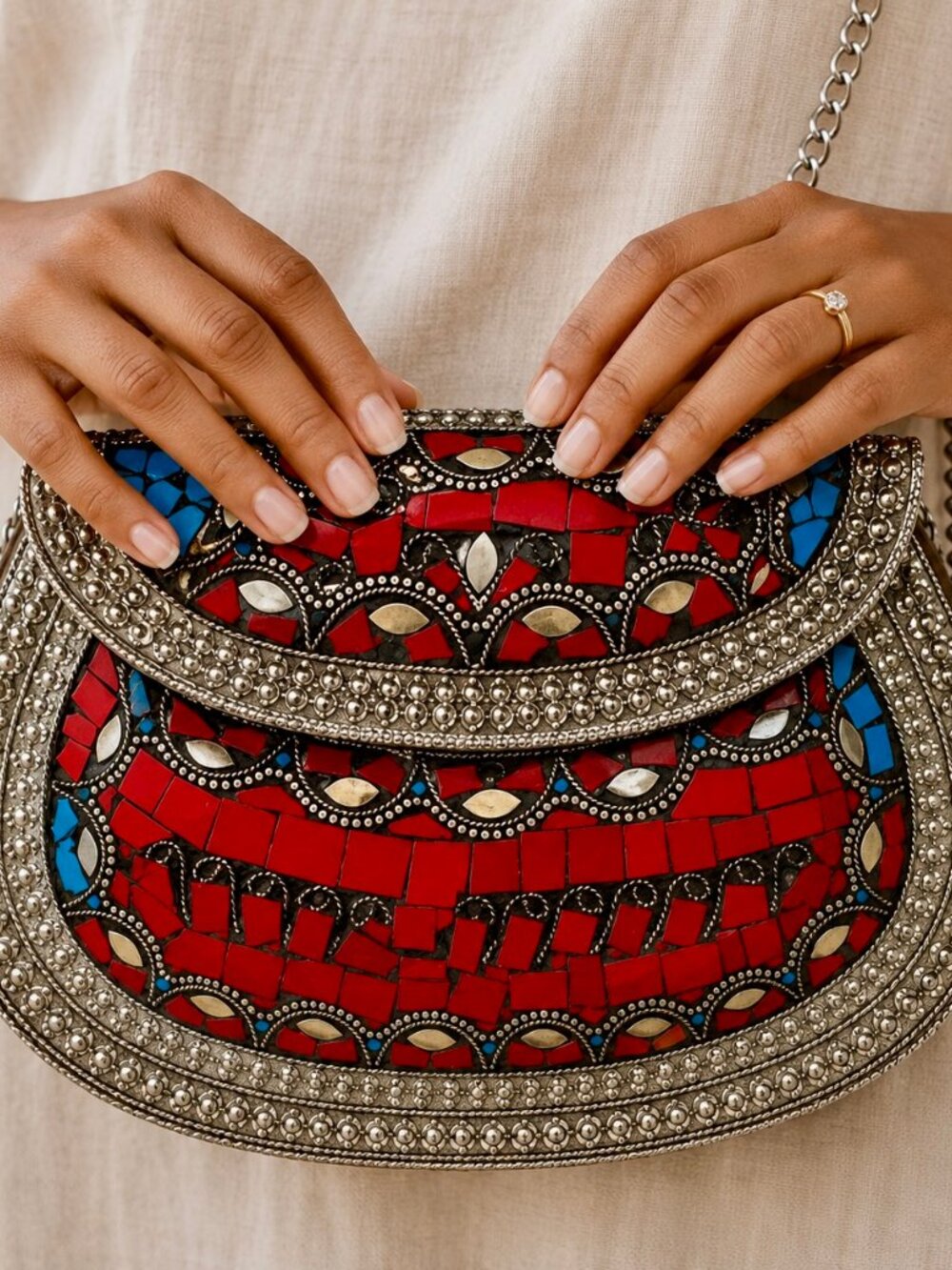 Elegant Mosaic Shoulder Bag in Silver, Red, and Blue by RAMLA